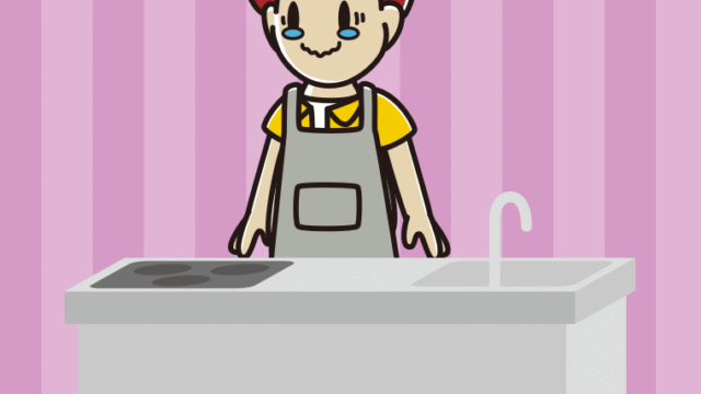 キッチンでジーンとする男子大学生のイラスト【色、背景あり】PNG