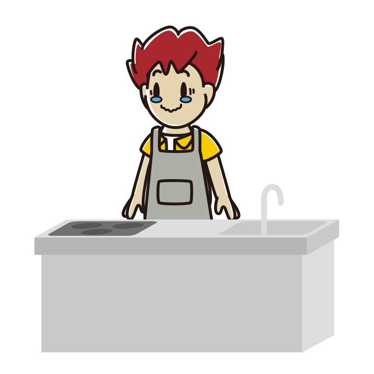 キッチンでジーンとする男子大学生のイラスト【色あり、背景なし】透過PNG