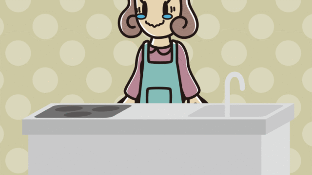 キッチンでジーンとする女子大学生のイラスト【色、背景あり】PNG