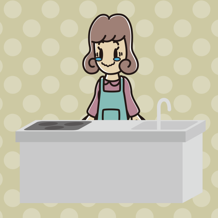 キッチンでジーンとする女子大学生のイラスト【色、背景あり】PNG