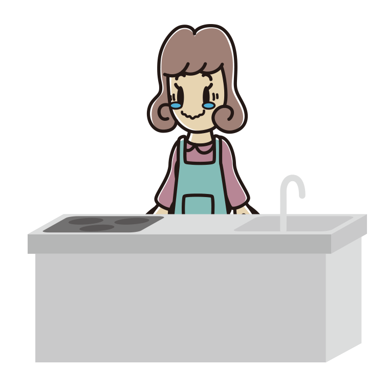 キッチンでジーンとする女子大学生のイラスト【色あり、背景なし】透過PNG