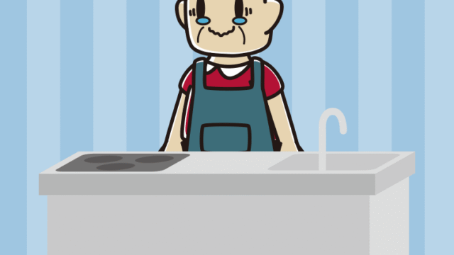 キッチンでジーンとするおじさんのイラスト【色、背景あり】PNG