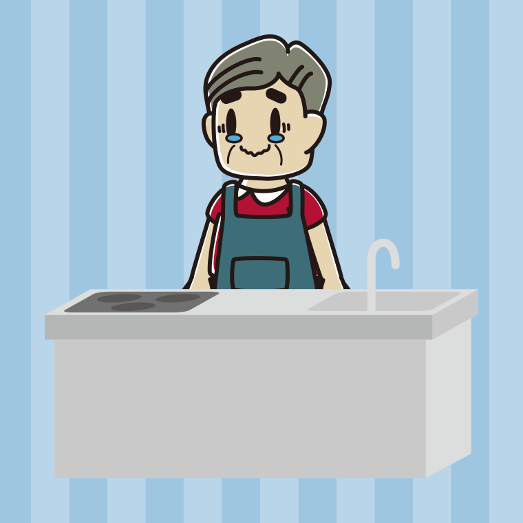 キッチンでジーンとするおじさんのイラスト【色、背景あり】PNG