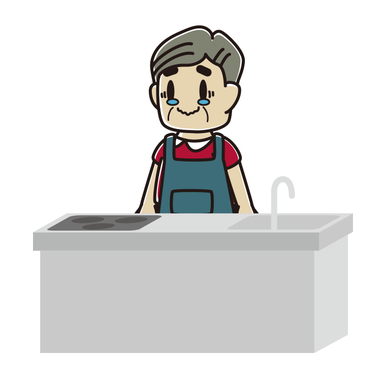 キッチンでジーンとするおじさんのイラスト【色あり、背景なし】透過PNG