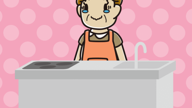 キッチンでジーンとするおばさんのイラスト【色、背景あり】PNG