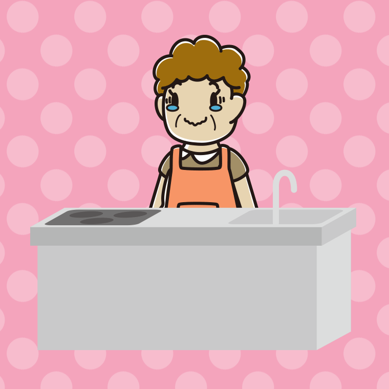 キッチンでジーンとするおばさんのイラスト【色、背景あり】PNG