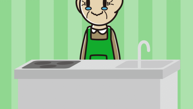 キッチンでジーンとするおじいさんのイラスト【色、背景あり】PNG