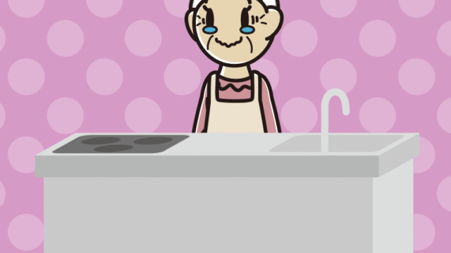 キッチンでジーンとするおばあさんのイラスト【色、背景あり】PNG