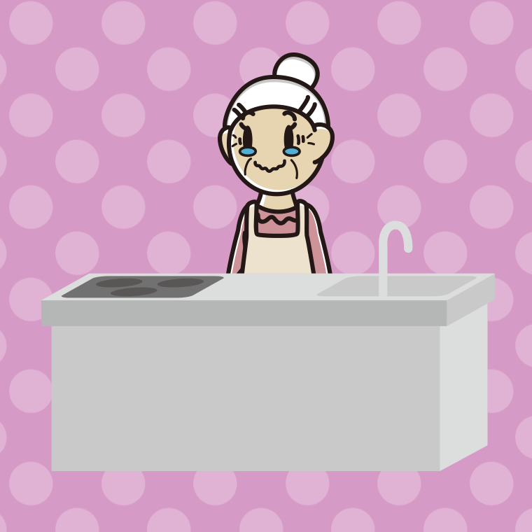 キッチンでジーンとするおばあさんのイラスト【色、背景あり】PNG