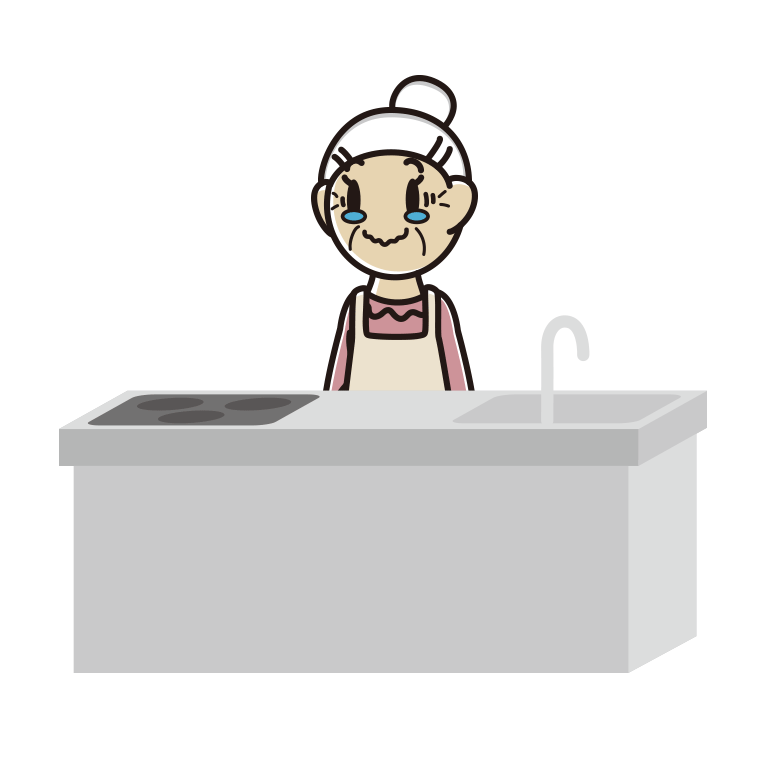 キッチンでジーンとするおばあさんのイラスト【色あり、背景なし】透過PNG