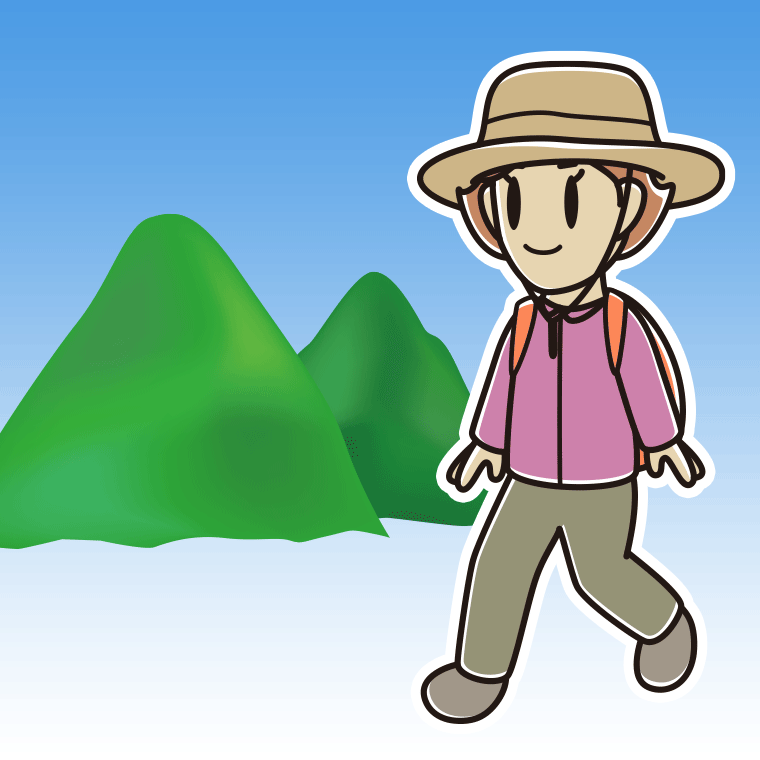登山する女性のイラスト【色、背景あり】PNG