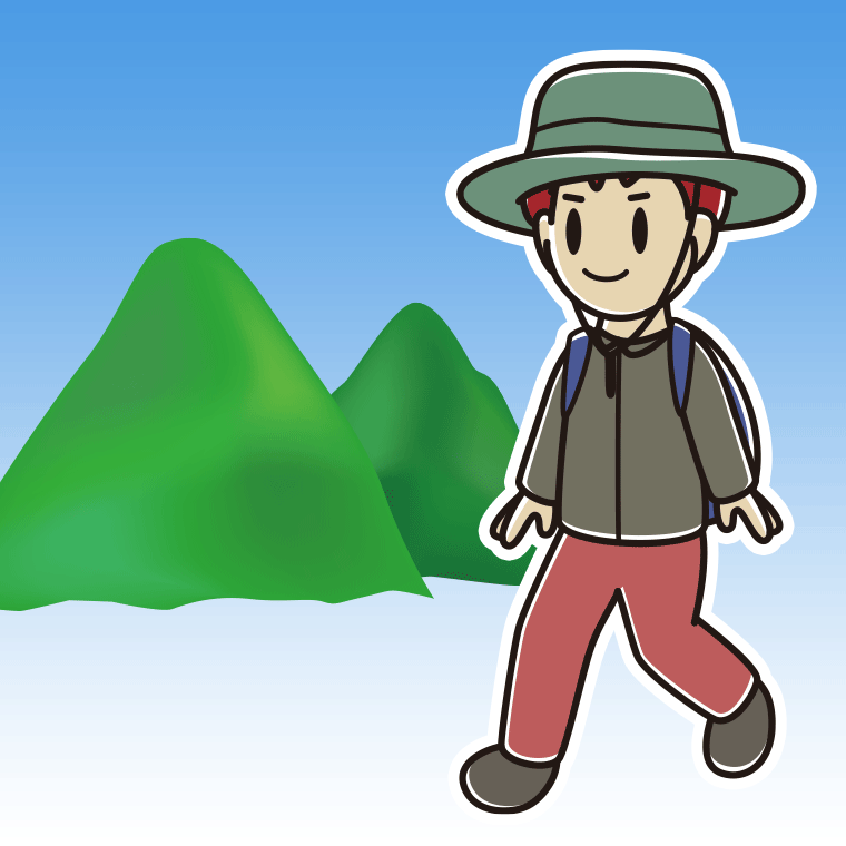 登山する男子大学生のイラスト【色、背景あり】PNG