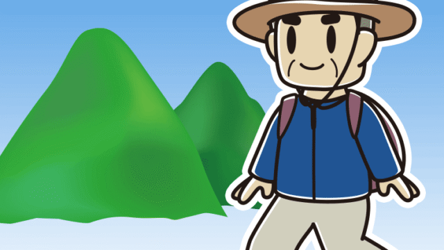 登山するおじさんのイラスト【色、背景あり】PNG