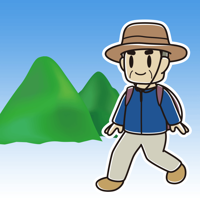 登山するおじさんのイラスト【色、背景あり】PNG