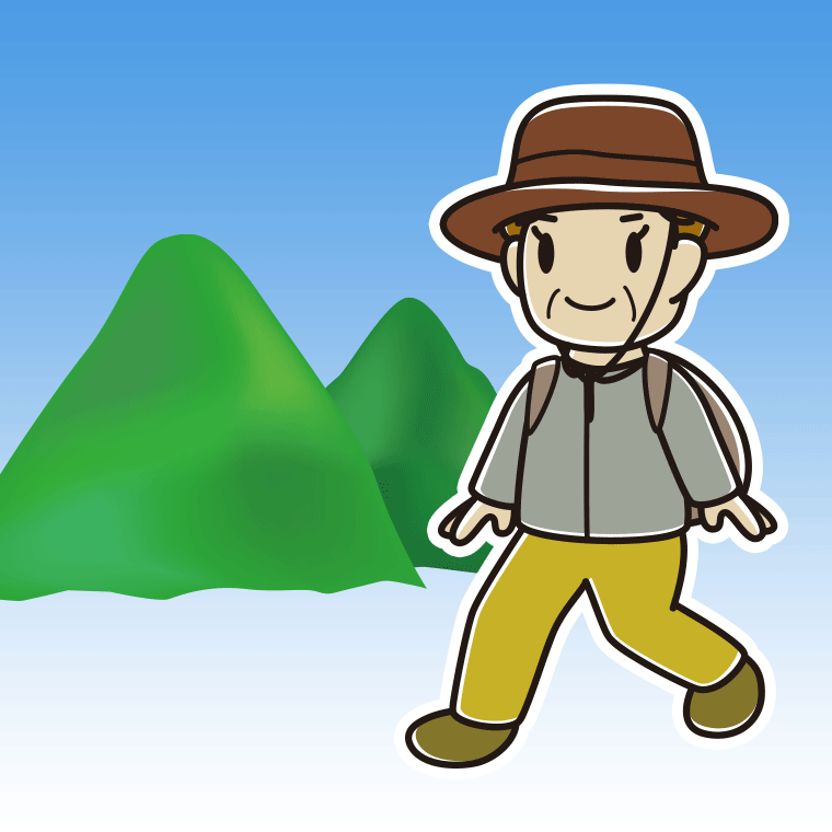 登山するおばさんのイラスト【色、背景あり】PNG