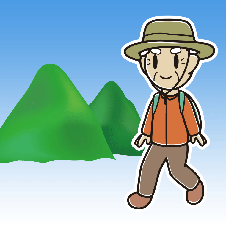 登山するおじいさんのイラスト【色、背景あり】PNG