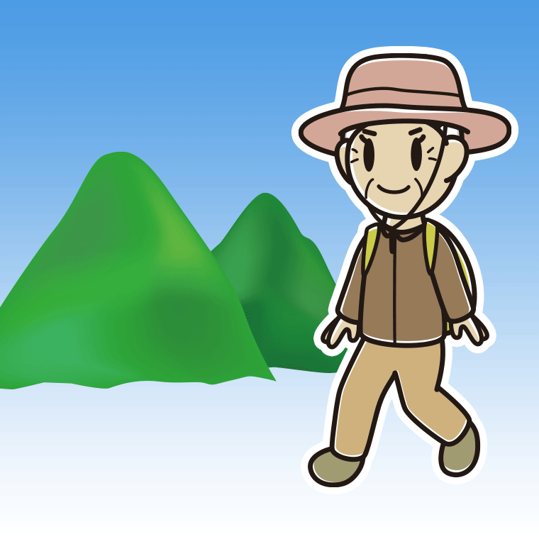 登山するおばあさんのイラスト【色、背景あり】PNG