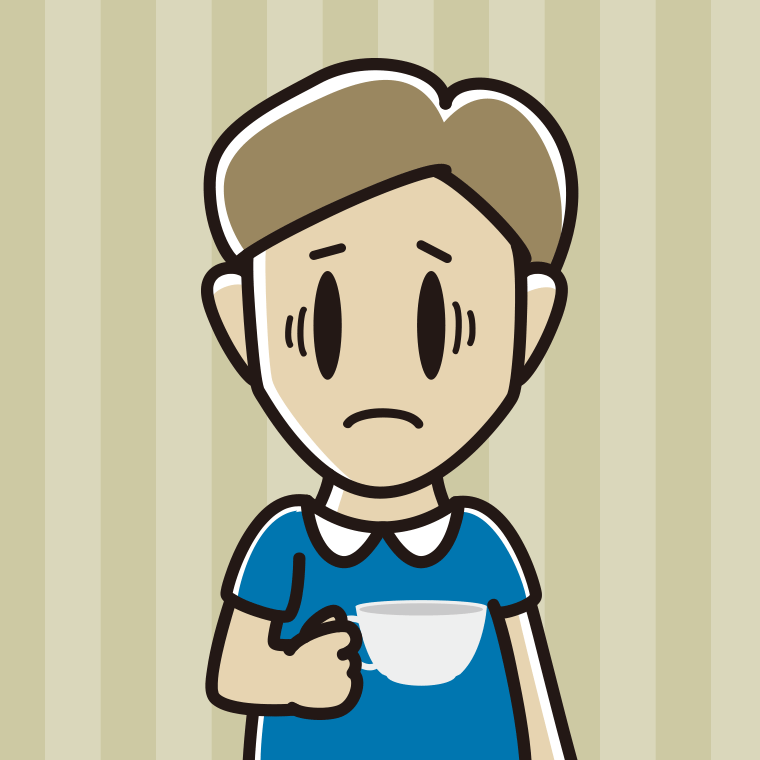 紅茶（ティーカップ）で困る男性のイラスト【色、背景あり】PNG