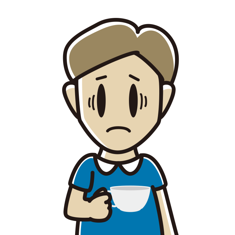 紅茶（ティーカップ）で困る男性のイラスト【色あり、背景なし】透過PNG