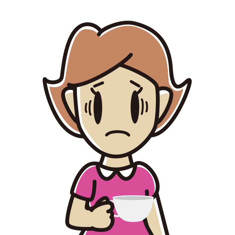 紅茶（ティーカップ）で困る女性のイラスト【色あり、背景なし】透過PNG