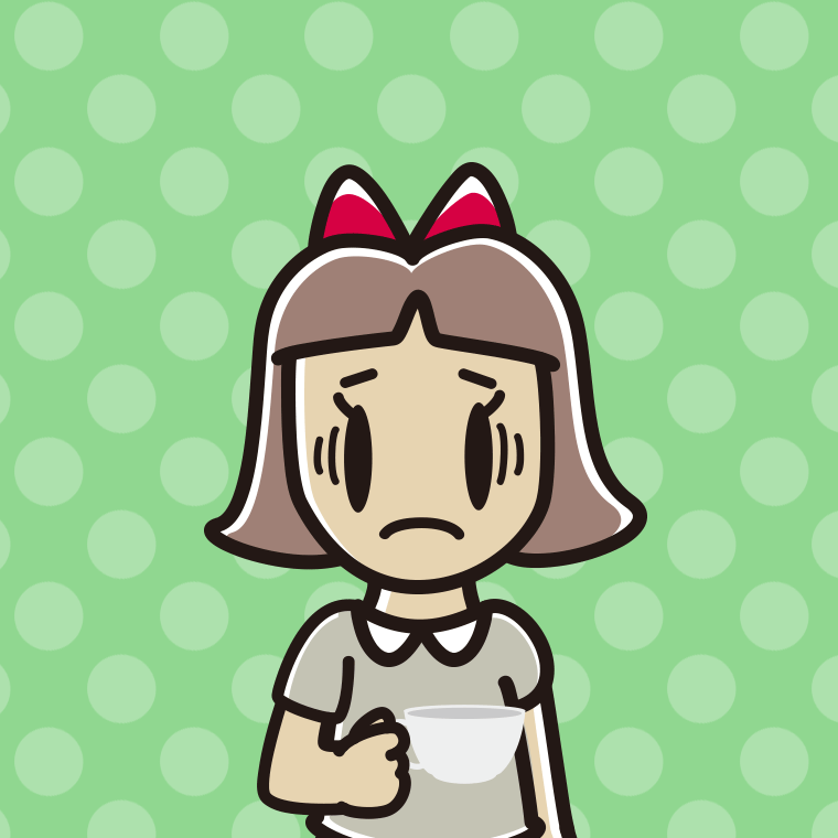 紅茶（ティーカップ）で困る小学生女子のイラスト【色、背景あり】PNG