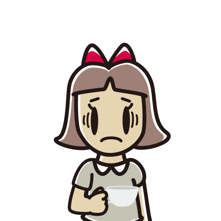 紅茶（ティーカップ）で困る小学生女子のイラスト【色あり、背景なし】透過PNG