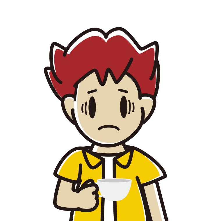 紅茶（ティーカップ）で困る男子大学生のイラスト【色あり、背景なし】透過PNG