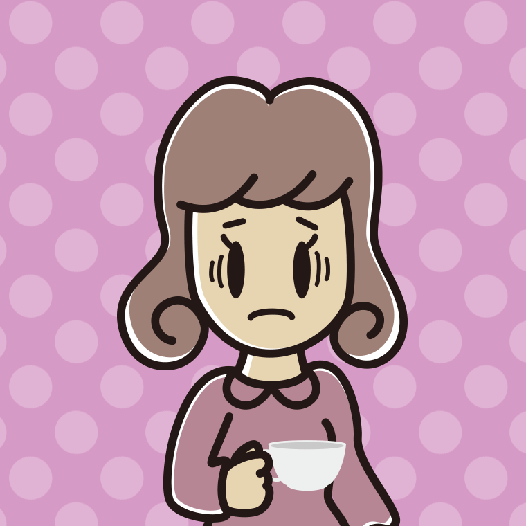 紅茶（ティーカップ）で困る女子大学生のイラスト【色、背景あり】PNG