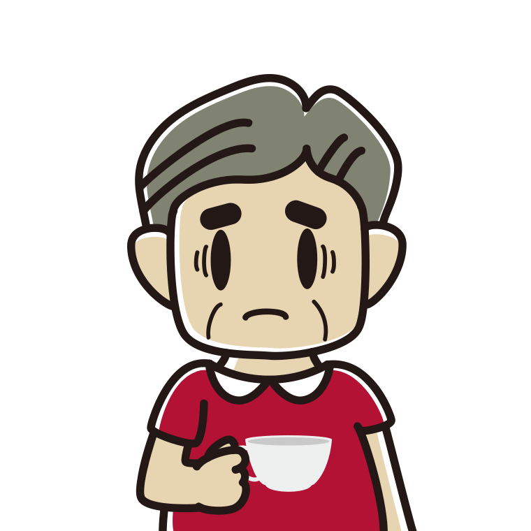 紅茶（ティーカップ）で困るおじさんのイラスト【色あり、背景なし】透過PNG