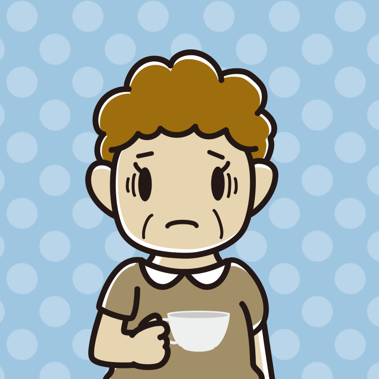 紅茶（ティーカップ）で困るおばさんのイラスト【色、背景あり】PNG