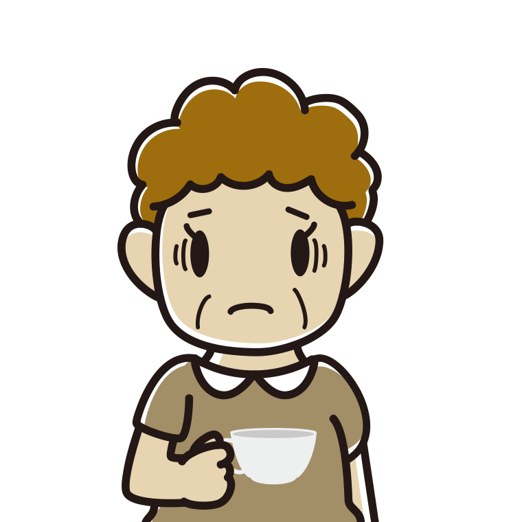 紅茶（ティーカップ）で困るおばさんのイラスト【色あり、背景なし】透過PNG