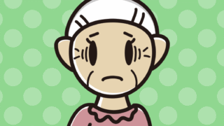 紅茶（ティーカップ）で困るおばあさんのイラスト【色、背景あり】PNG