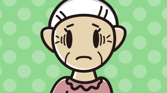 紅茶（ティーカップ）で困るおばあさんのイラスト【色、背景あり】PNG