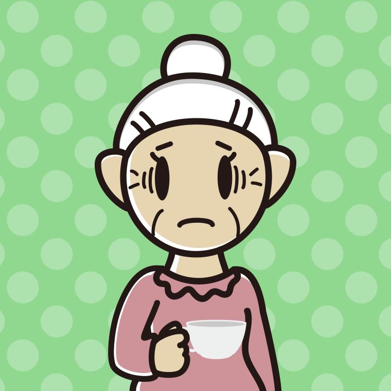 紅茶（ティーカップ）で困るおばあさんのイラスト【色、背景あり】PNG