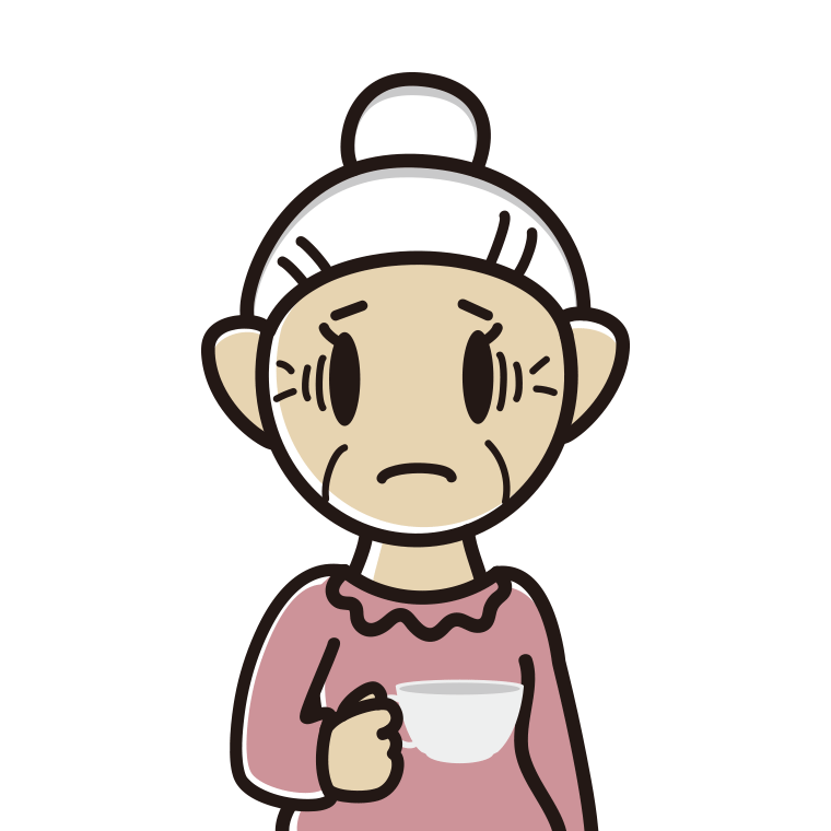 紅茶（ティーカップ）で困るおばあさんのイラスト【色あり、背景なし】透過PNG