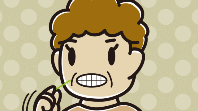 歯間ブラシを使うおばさんのイラスト【色、背景あり】PNG