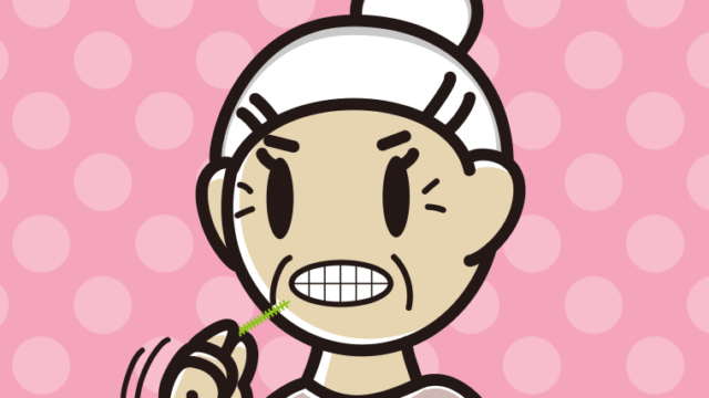 歯間ブラシを使うおばあさんのイラスト【色、背景あり】PNG