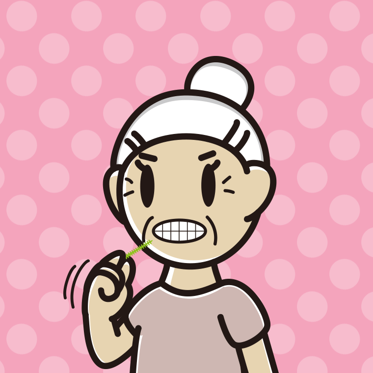 歯間ブラシを使うおばあさんのイラスト【色、背景あり】PNG