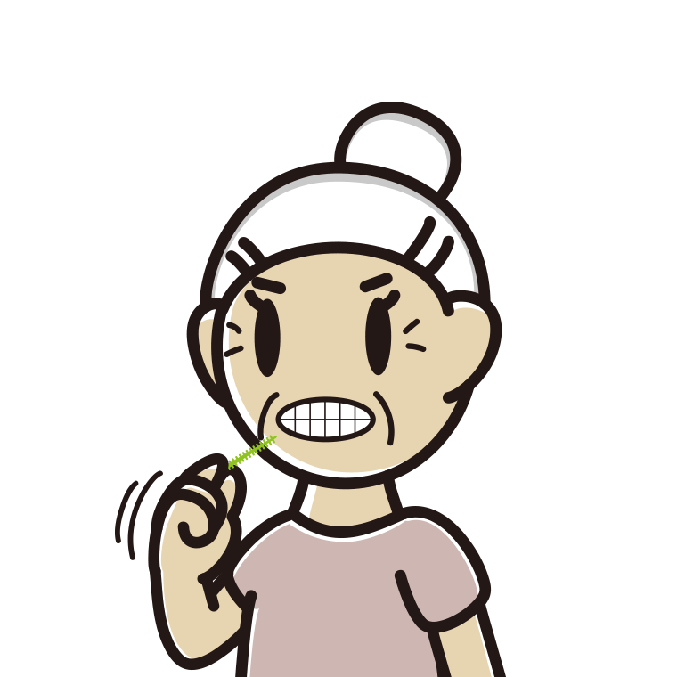 歯間ブラシを使うおばあさんのイラスト【色あり、背景なし】透過PNG