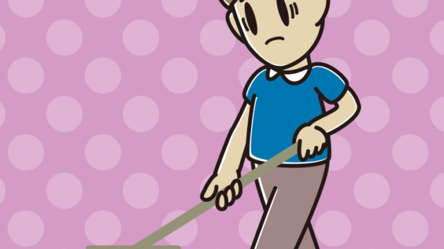 モップがけで困る男性のイラスト【色、背景あり】PNG