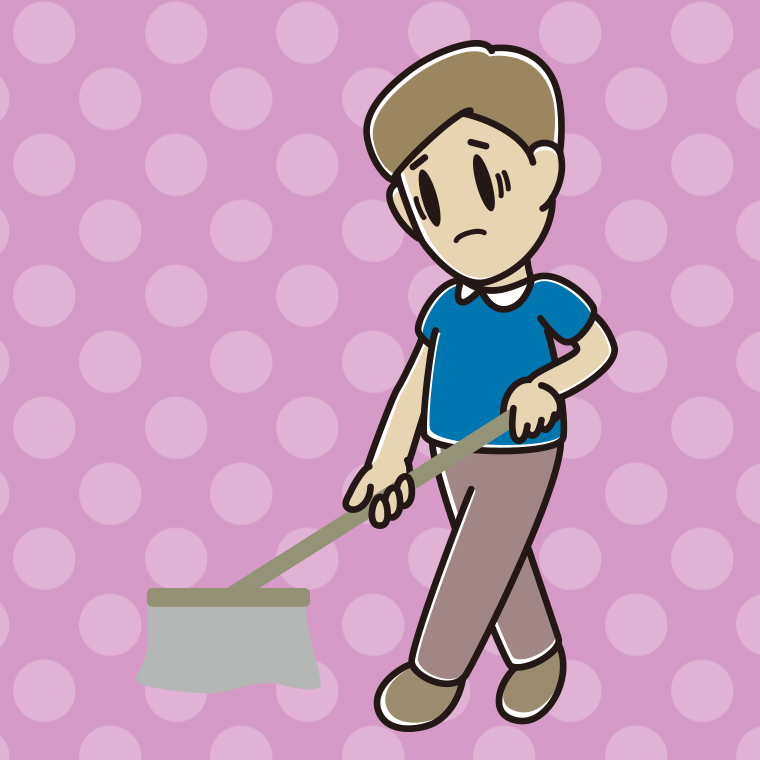 モップがけで困る男性のイラスト【色、背景あり】PNG