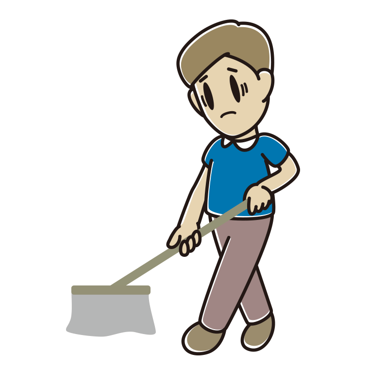 モップがけで困る男性のイラスト【色あり、背景なし】透過PNG