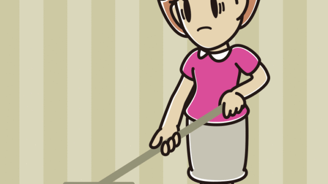 モップがけで困る女性のイラスト【色、背景あり】PNG