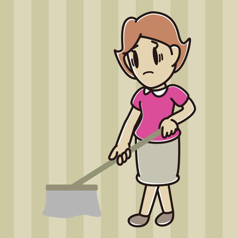 モップがけで困る女性のイラスト【色、背景あり】PNG