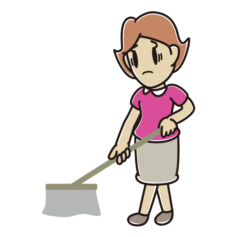 モップがけで困る女性のイラスト【色あり、背景なし】透過PNG