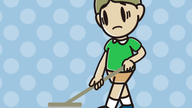 モップがけで困る小学生男子のイラスト【色、背景あり】PNG