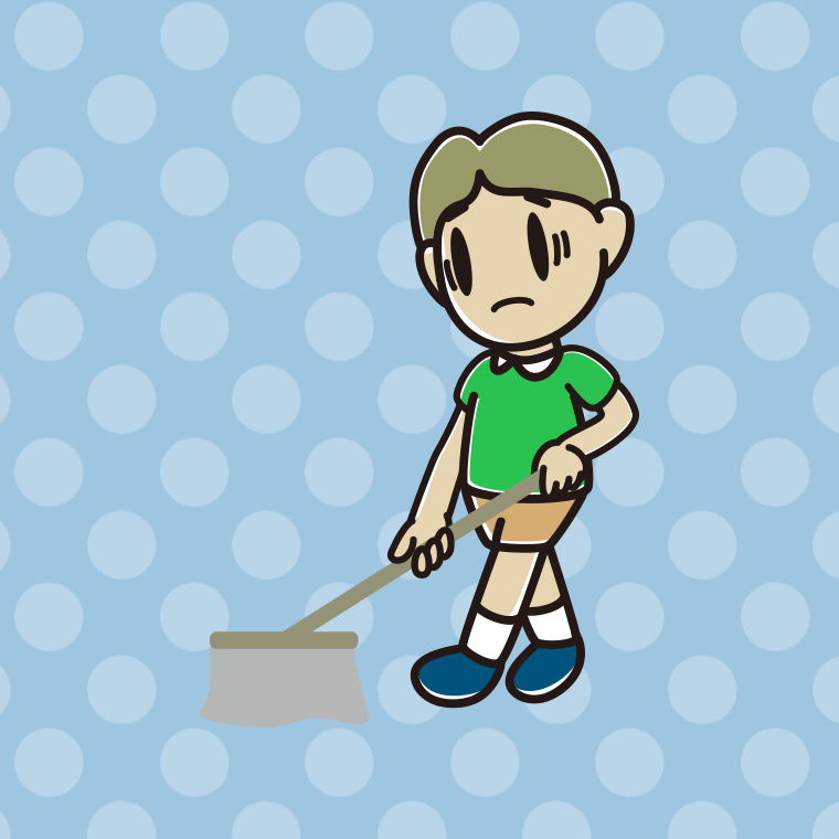 モップがけで困る小学生男子のイラスト【色、背景あり】PNG