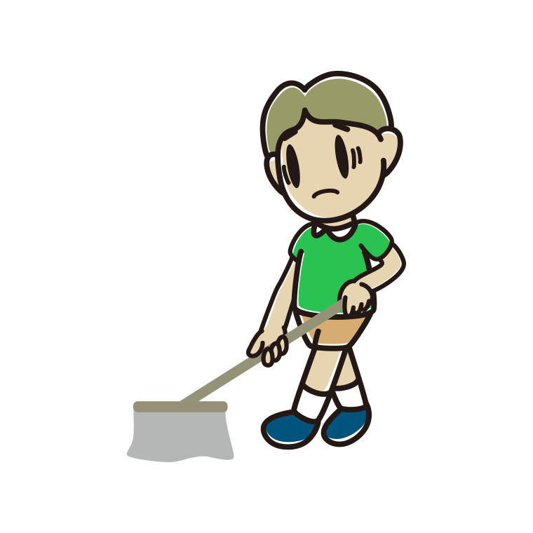 モップがけで困る小学生男子のイラスト【色あり、背景なし】透過PNG