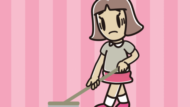 モップがけで困る小学生女子のイラスト【色、背景あり】PNG