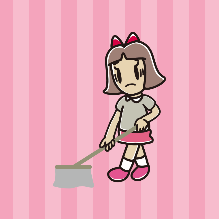 モップがけで困る小学生女子のイラスト【色、背景あり】PNG